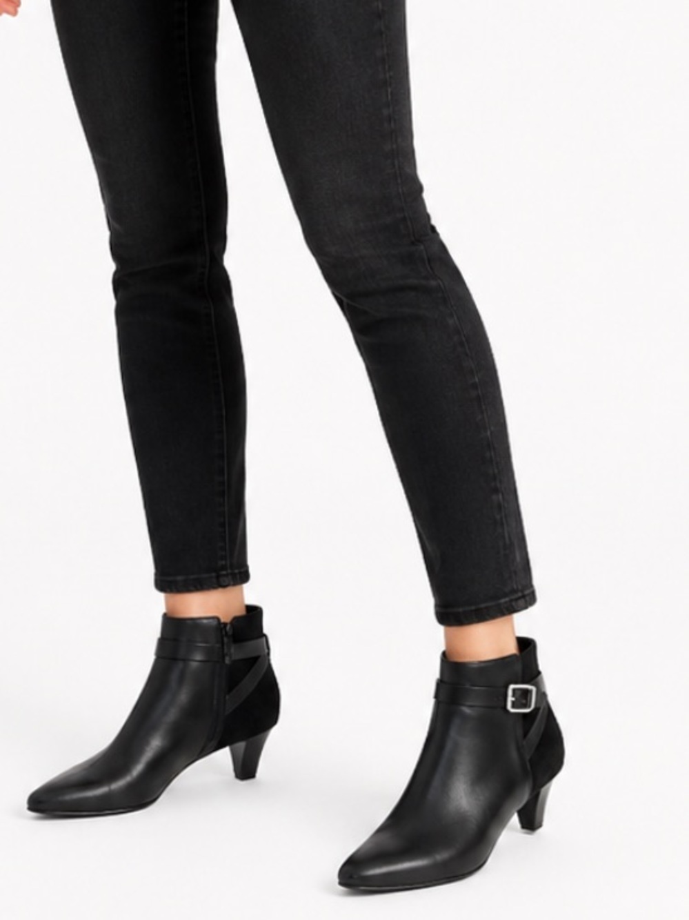Cole Haan Black Leather Ankle Booties Silver Buckle Kitten Heel Women’s Size 6.5